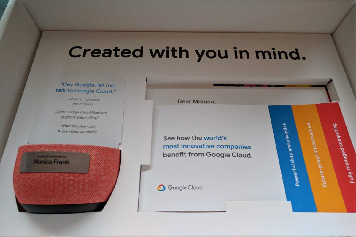 box in the mail inviting me to a personal consultation about Google Cloud Platform for which I would receive a free Google Home (to go with the personalized base in the box)